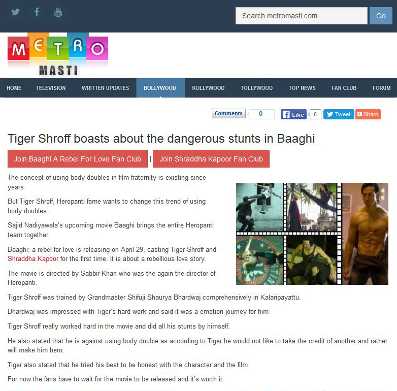 Tiger Shroff boasts about the dangerous stunts in Baaghi